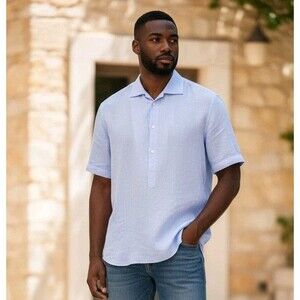 HADLEIGHS Linen Shirt Mens 16.5/42 Light Blue Popover Old Money Made In Italy